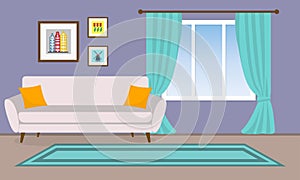 Living room interior. Vector background with sofa, pictures and window with curtains. Home or house design. Modern decor. Vector